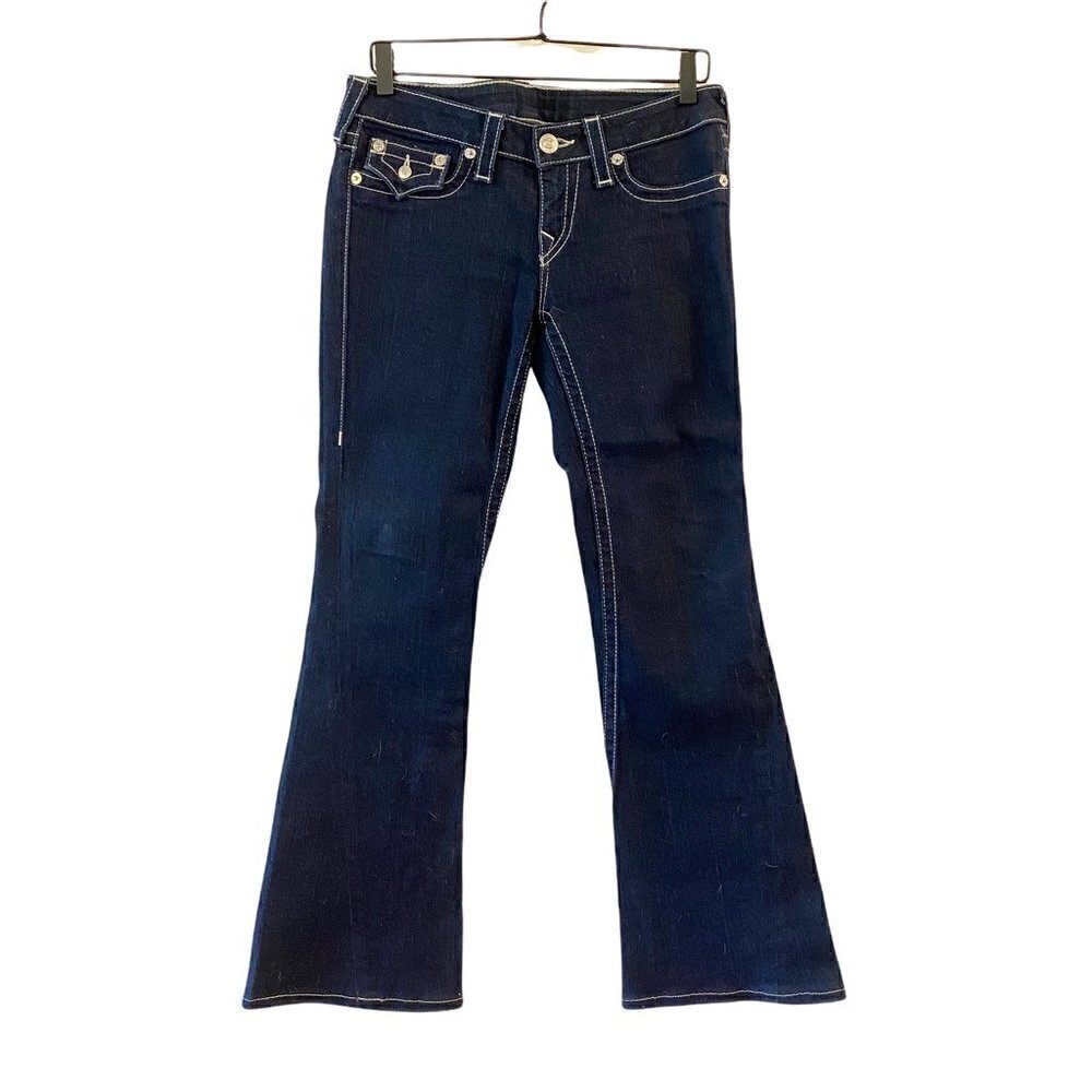 True Religion Womens Joey Boot Cut Jeans Blue Pocket Stretch Rhinestone Denim 29